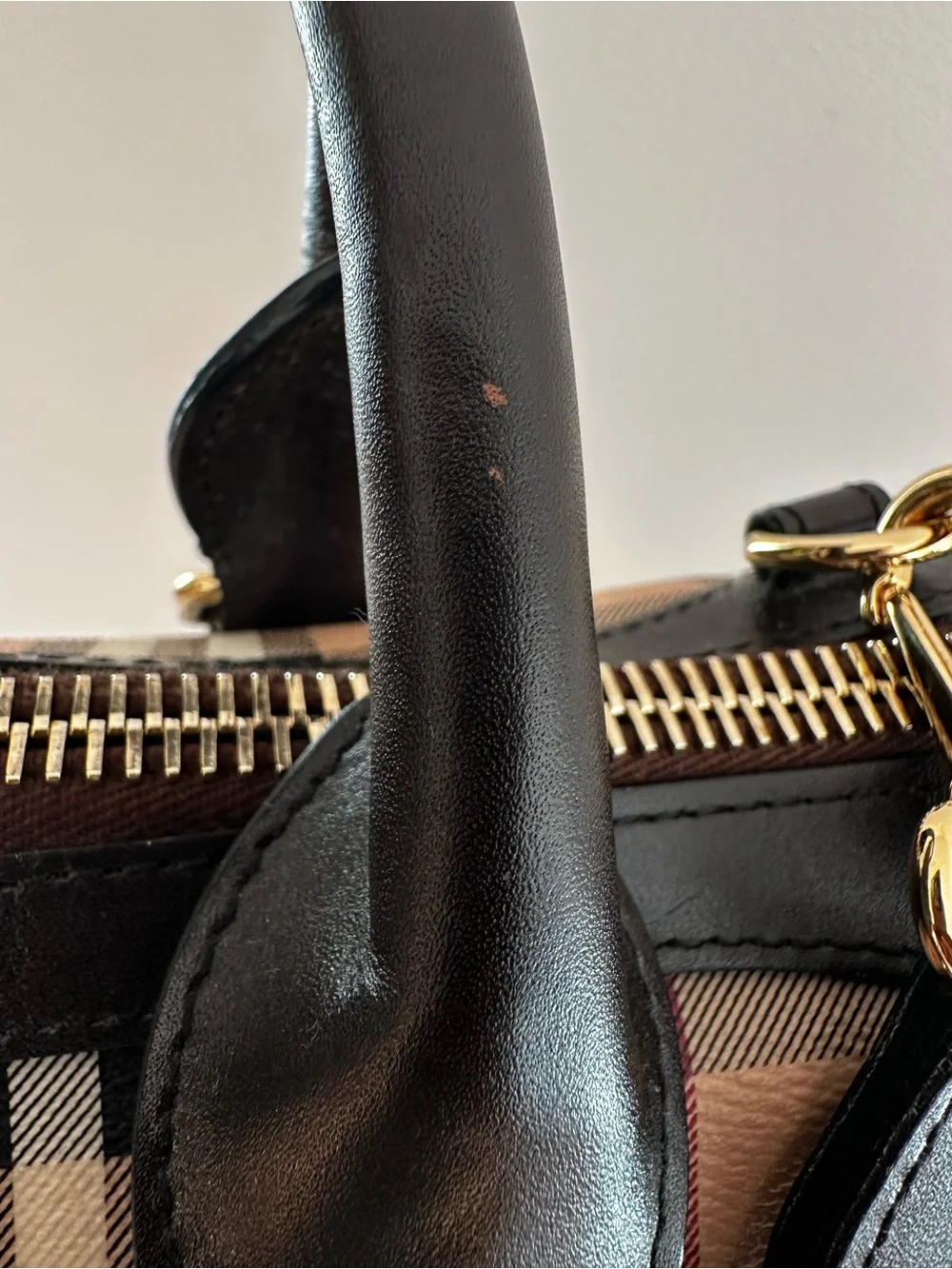 Burberry Beige Vintage Check Satchel with Black Leather Trim